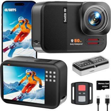 4K 60FPS 48MP WiFi Action Camera with Touch Screen, 50FT Underwater Waterproof Camera, No Case Needed, EIS Motorcycle Camera, 8X Zoom, 64GB Card, Remote Control, Batteries & Mounting Kits