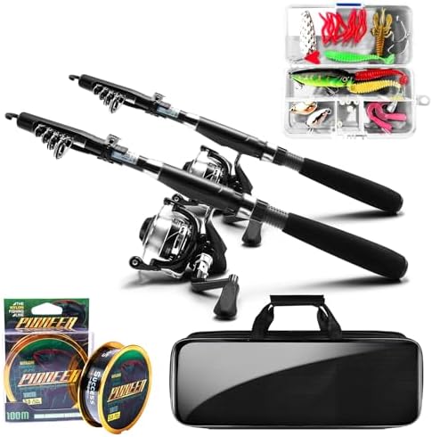 Fishing Pole and Reel Combo - 2PCS Carbon Fiber Telescopic Rods Spinning Reels Saltwater/Freshwater Kit with Lures, Line and Carrier Bag, Travel Fishing Gear for Adults