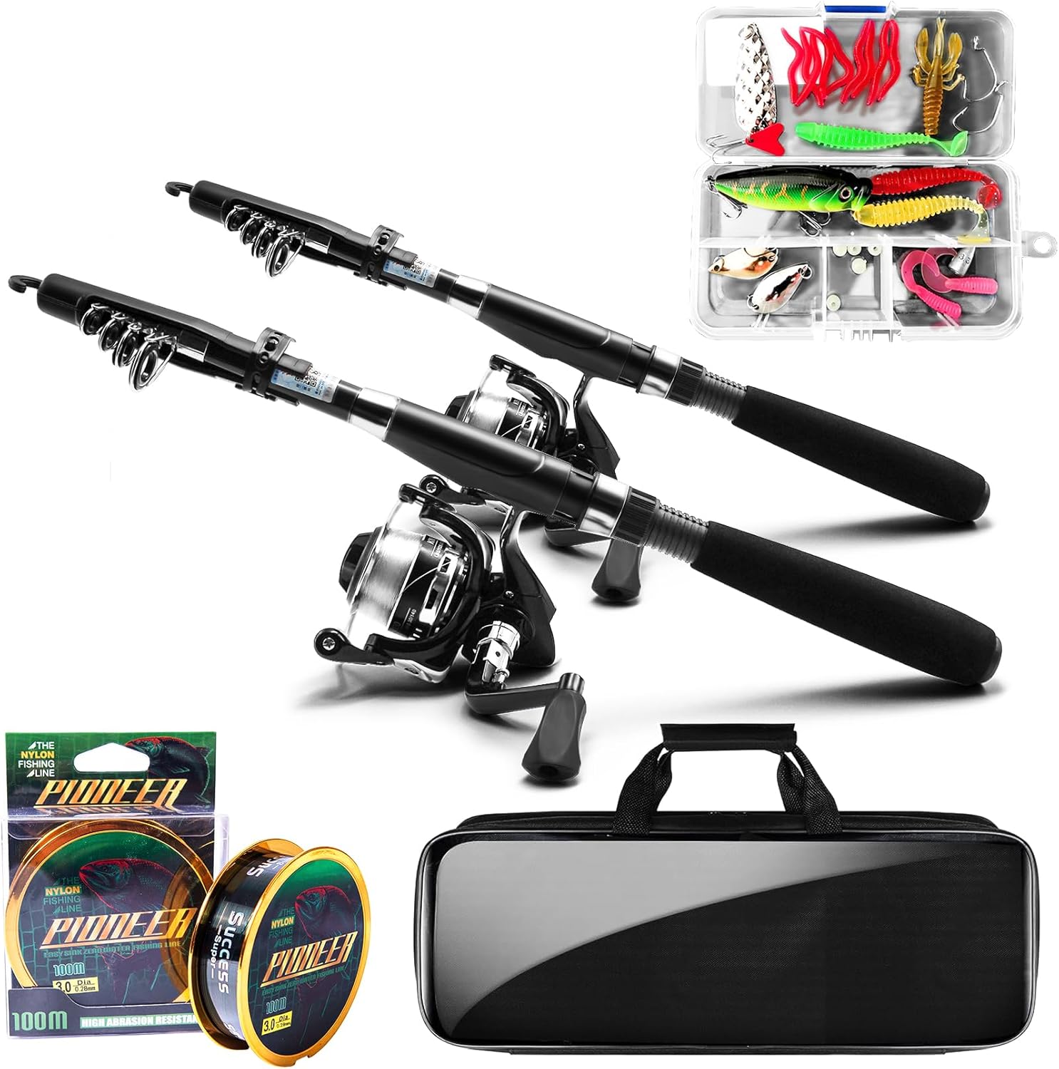 Fishing Pole and Reel Combo - 2PCS Carbon Fiber Telescopic Rods Spinning Reels Saltwater/Freshwater Kit with Lures, Line and Carrier Bag, Travel Fishing Gear for Adults - Image 9
