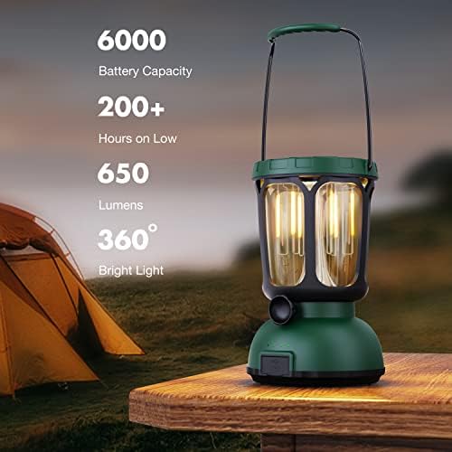 Raynic 6000 LED Camping Lantern, 650LM Hand Crank Solar Battery Powered Rechargeable Lantern, Emergency Lights for Home Power Failure, Hurricane, USB Cable Included - Image 2
